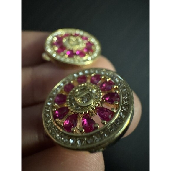 Christian Dior Stamped CD Authentic Magenta Crystals Medallion Stud Earrings - Picture 9 of 16